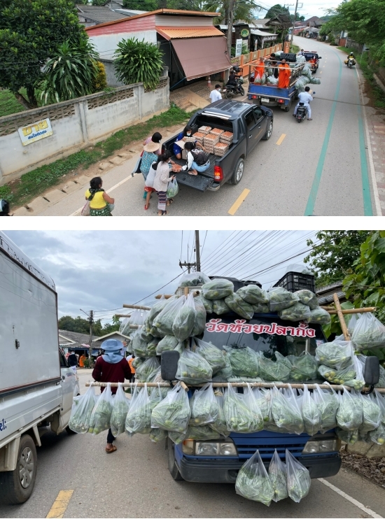 พระจัดให้ “รถพุ่มพวงพบโชค” แจกผักสดข้าวไข่ไก่ช่วยช่วงโควิด