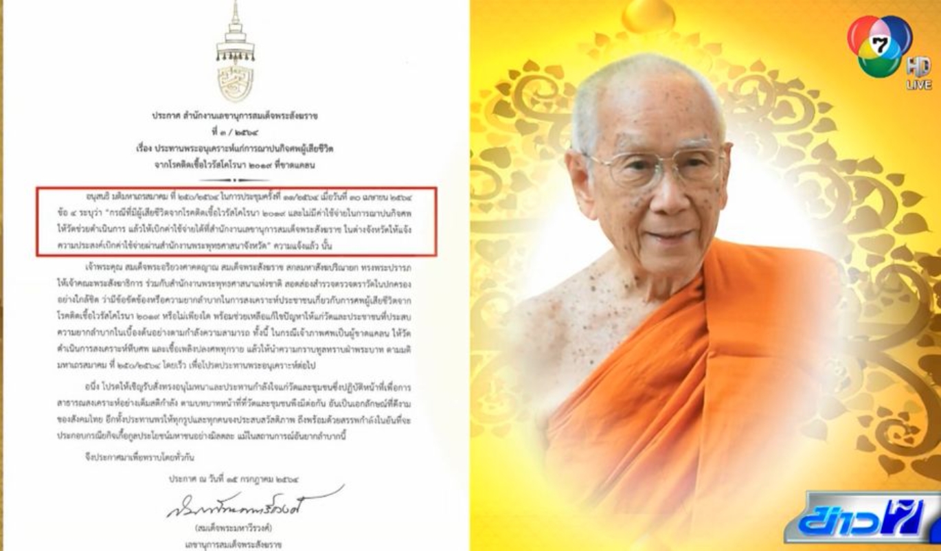 สมเด็จพระสังฆราช ประทานพระอนุเคราะห์ฌาปนกิจผู้เสียชีวิตโควิด-19