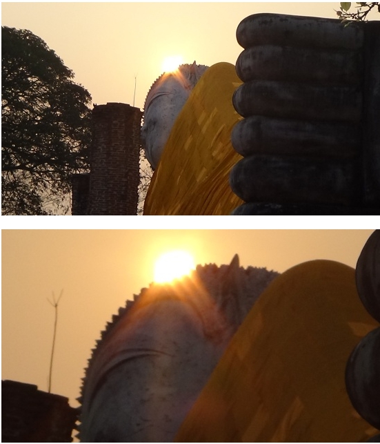 Unseenงดงามภาพดวงอาทิตย์ ขึ้นตรงเศียรพระพุทธไสยาสน์วัดขุนอินฯ