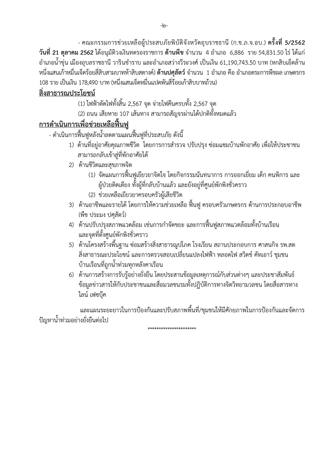 น้ำท่วม จ.อุบลฯ กลับเป็นปกติแล้ว เร่งฟื้นฟูเยียวยา ช่วยเหลือผู้ประสบภัยอย่างต่อเนื่อง