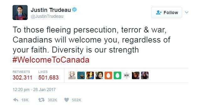 อย่างหล่อ! นายกฯแคนาดายินดีต้อนรับผู้ลี้ภัยจากประเทศที่ทรัมป์สั่งห้ามเข้าอเมริกา