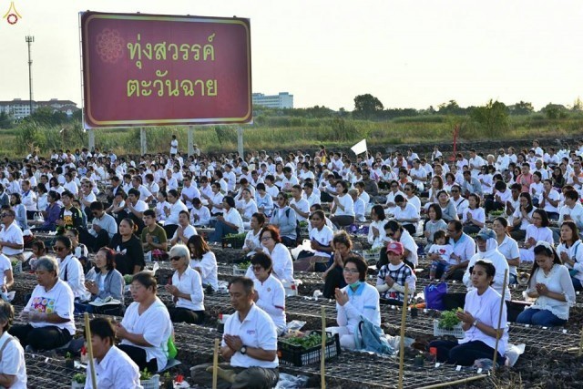 คณะสงฆ์และสาธุชนจำนวนมากร่วมพิธีปลูกต้นกล้าเบญจทรัพย์ ณ ทุ่งสวรรค์ ตะวันฉาย