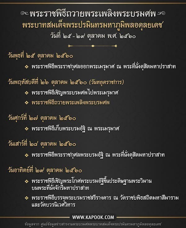 หมายกำหนดการ พระราชพิธีถวายพระเพลิงพระบรมศพ ในหลวง รัชกาลที่ 9