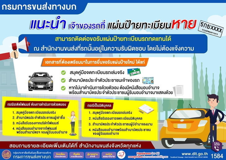 ป้ายทะเบียนหลุดหายออกใหม่แค่ 100 บาท ไม่ต้องแจ้งความ