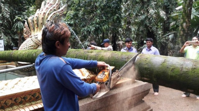 พายุแรงต้นชะโนดอายุร่วม 100 ปีหักโค่นล้มทับเศียรพญานาคบ่อน้ำศักดิ์สิทธิ์หัก 3 เศียร